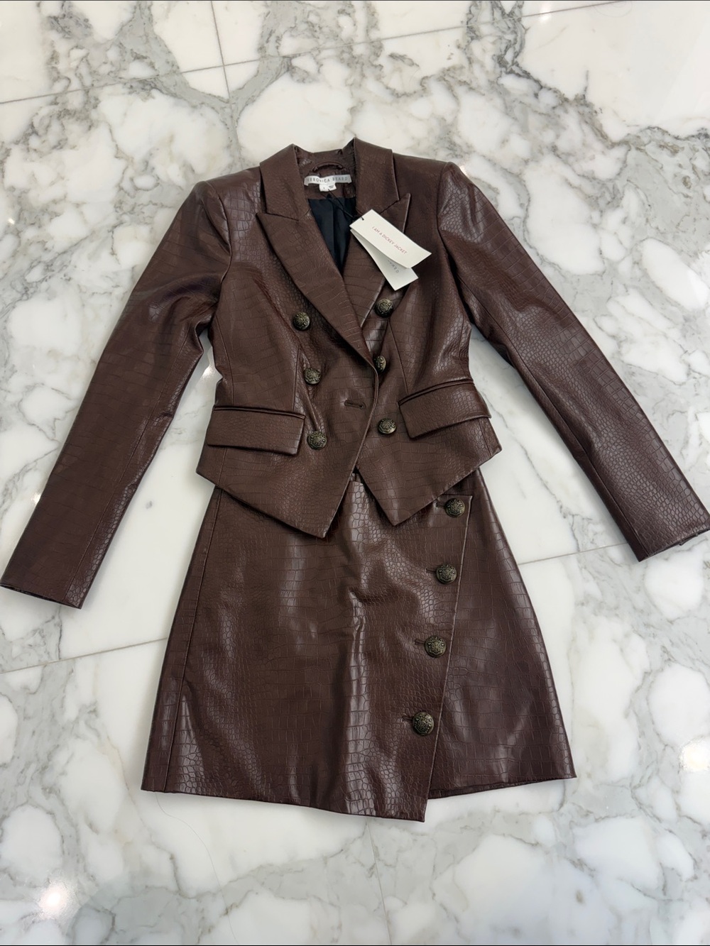 Veronica Beard Brown Faux-Croc Double-Breasted Blazer & Skirt Set